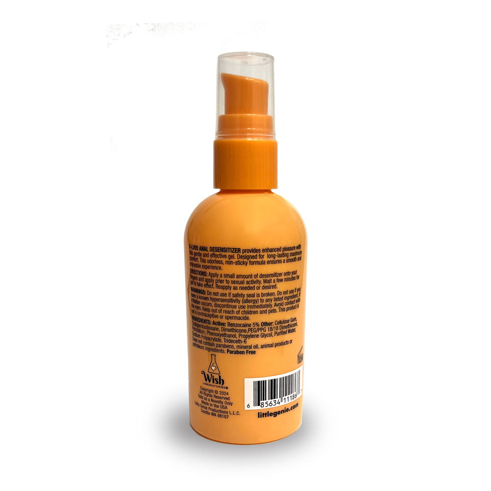 B-LUVD Anal Desensitising Lubricant - Water Based Anal Desensitising Lubricant - 118 ml Bottle back view with ingredients and usage details.