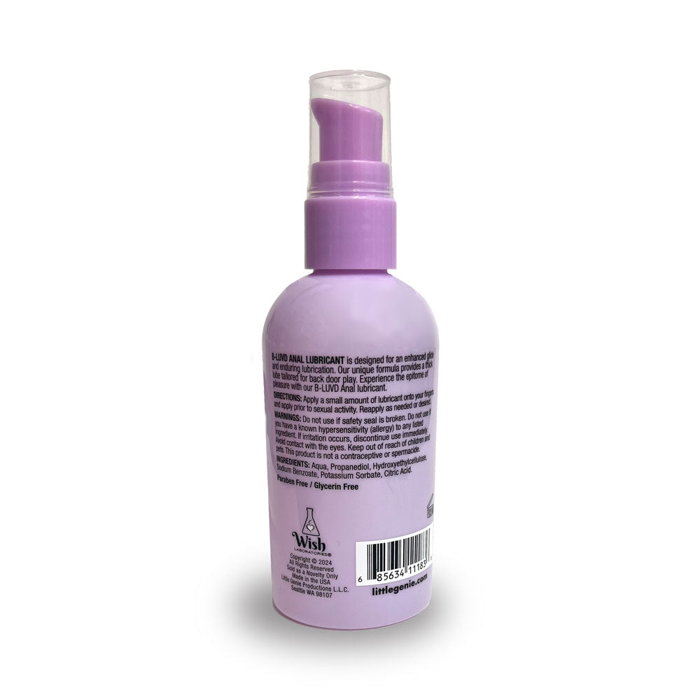 B-LUVD Anal Lubricant - Water Based Gel Anal Lubricant - 118 ml Bottle back view with product information.