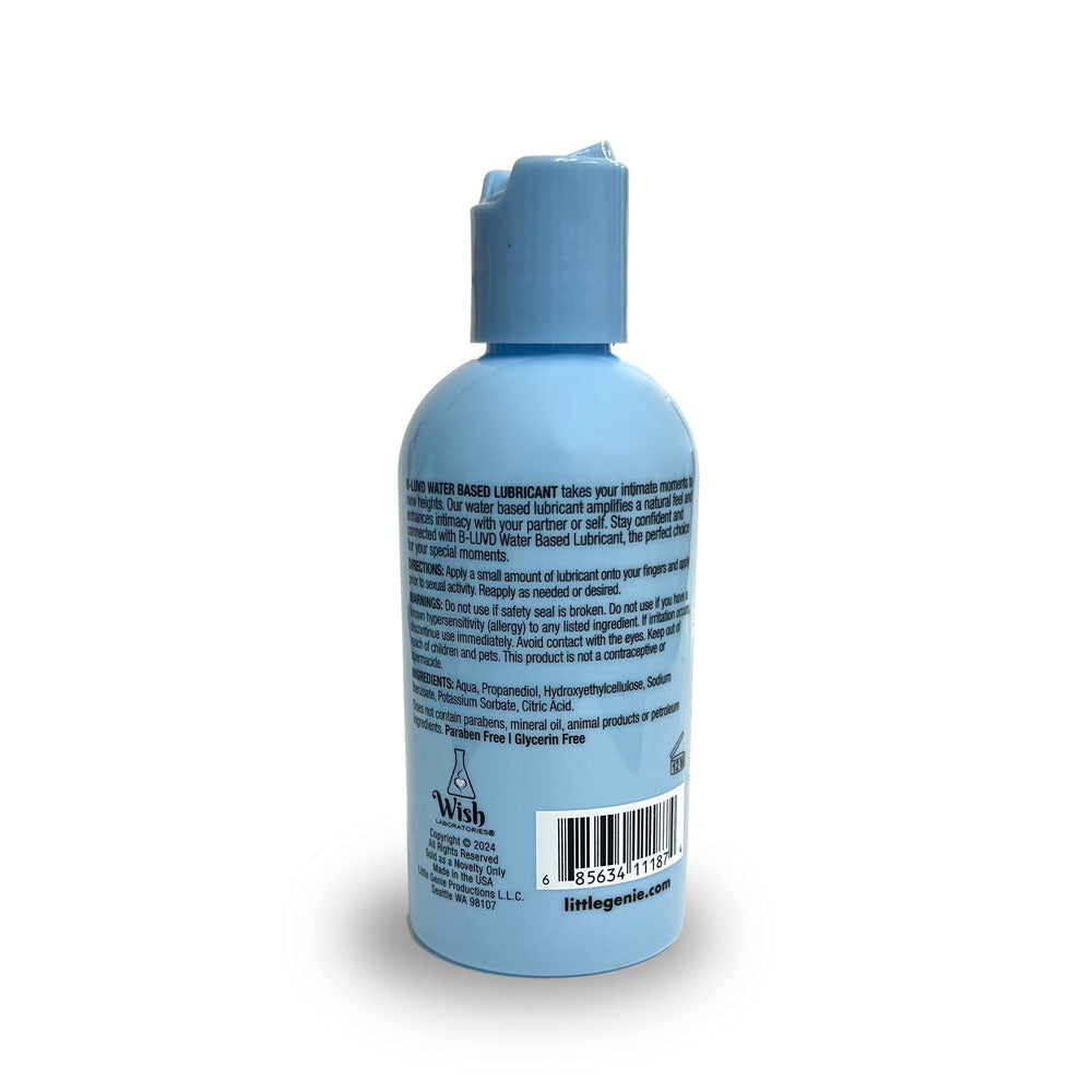 B-LUVD Water Based Lubricant - Water Based Lubricant - 118 ml Bottle back view with instructions and ingredients listed.