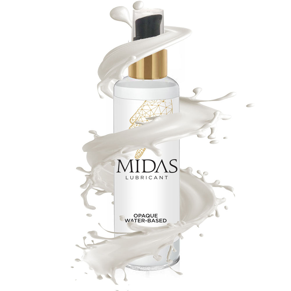 Midas Opaque Water Based Lubricant - 118 ml - Water Based Cum Lube - 118 ml in a stylish bottle surrounded by splashes.