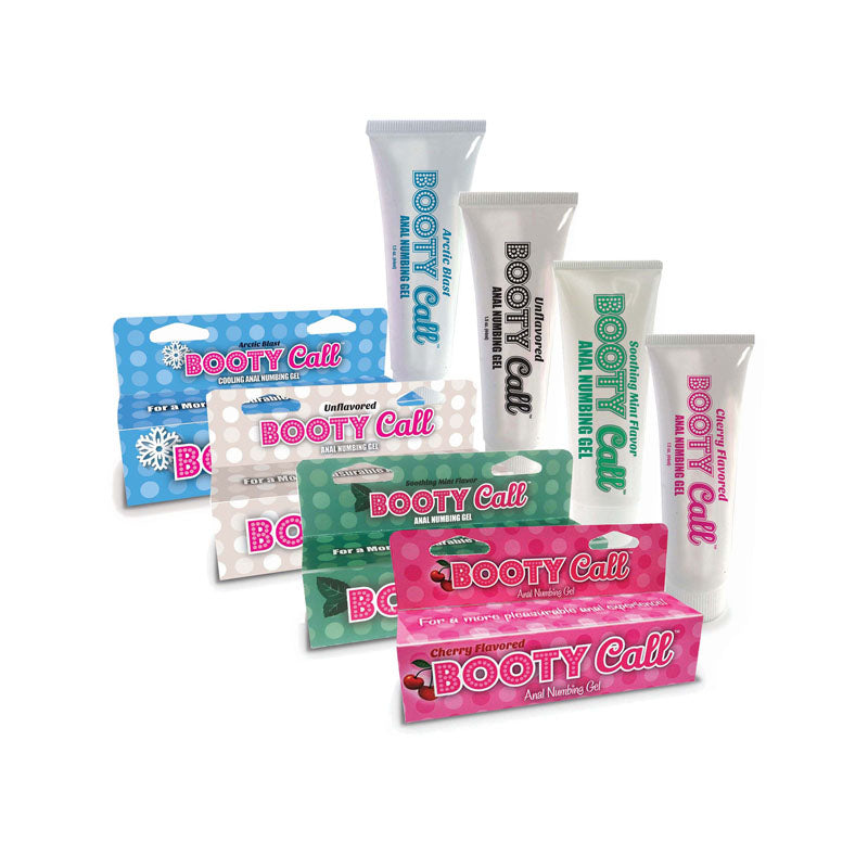Assorted Booty Call anal numbing gel products including Arctic Blast and cherry flavors in various packaging.