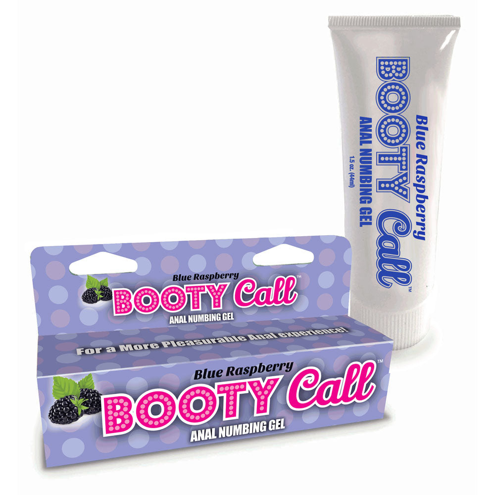 Booty Call Anal Numbing Gel for pleasure in a blue raspberry flavor, 44 ml tube and box for enhanced anal experiences.