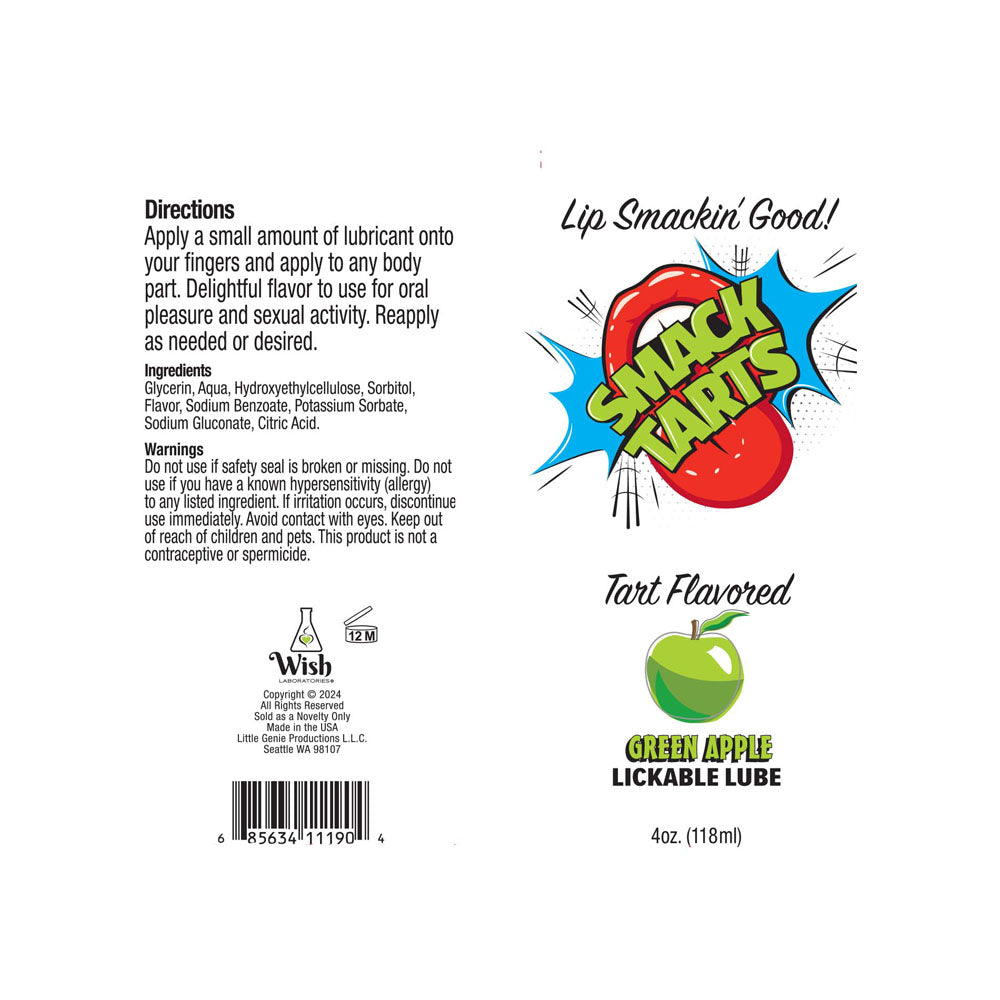 Smack Tarts - Sour Green Apple - Sour Green Apple Flavoured Lubricant - 120 ml Tube packaging with detailed instructions and ingredients.