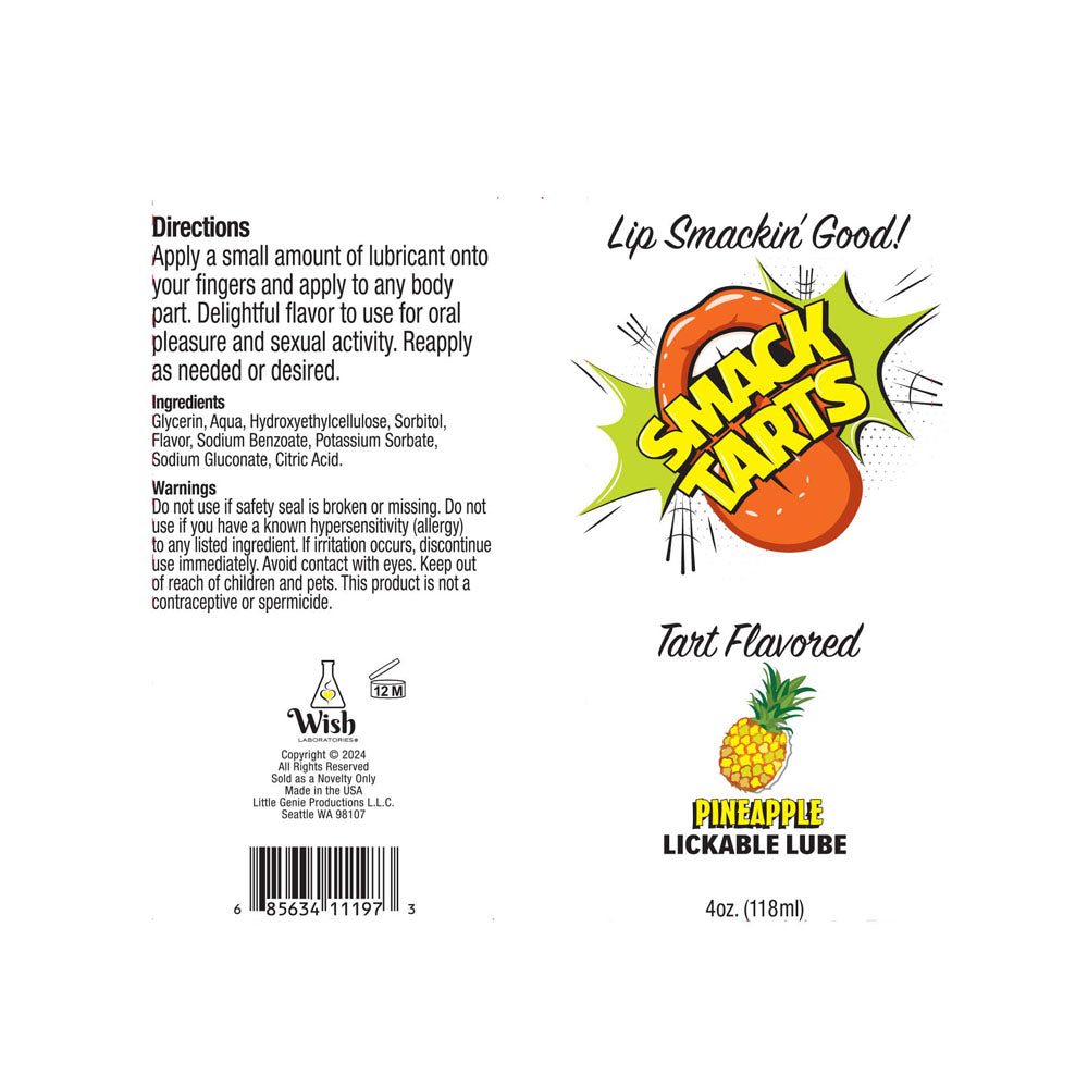 Smack Tarts - Sour Pineapple - Sour Pineapple Flavoured Lubricant - 120 ml Tube packaging with directions and ingredients.