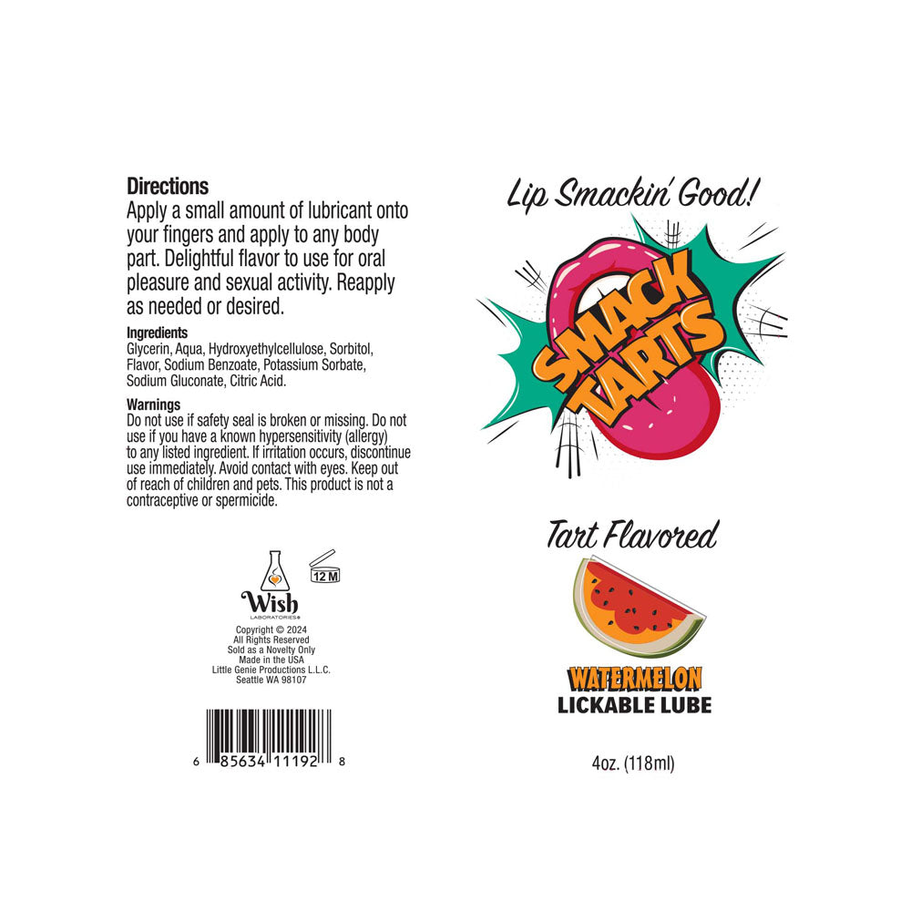 Smack Tarts Sour Watermelon Flavored Lube 120 ml tube with directions and ingredients for use.