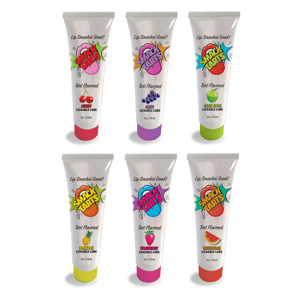 Image of six Smack Tarts lickable lube tubes in various flavors, including sour watermelon flavored lube.