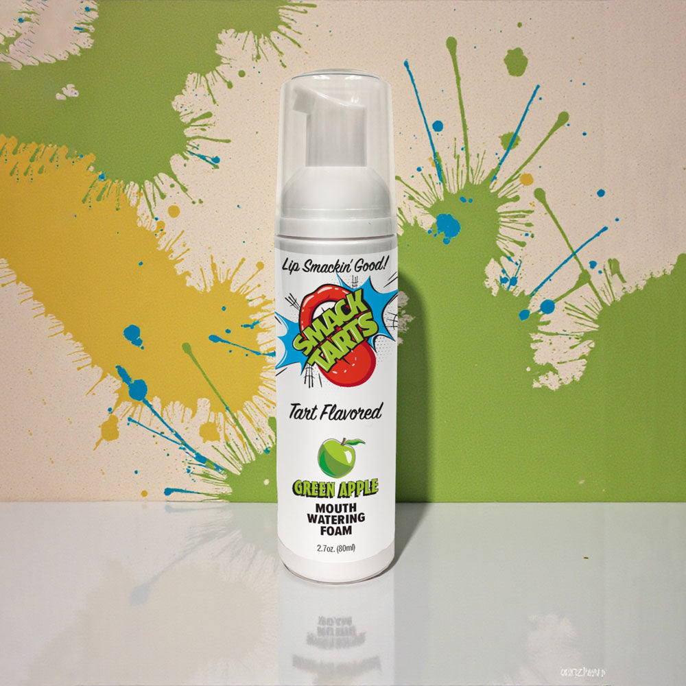 Smack Tarts sour green apple oral lubricant in a 80 ml bottle, featuring a vibrant design against a colorful background.