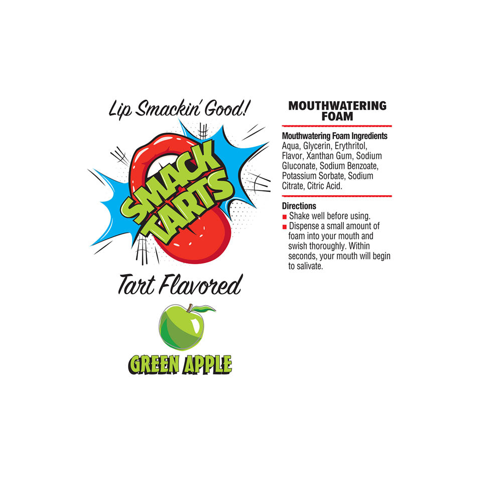 Smack Tarts Mouthwatering Foam packaging featuring sour green apple oral lubricant ingredients and directions.