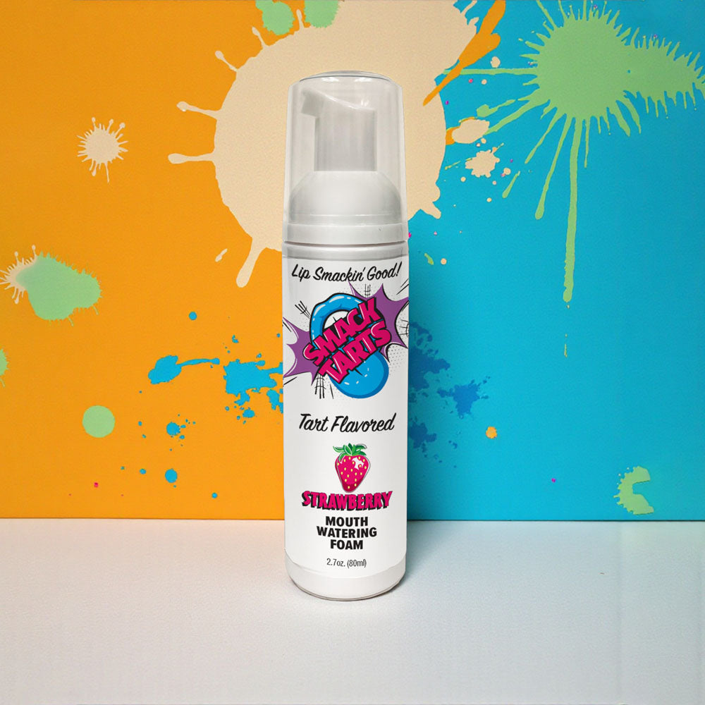Smack Tarts sour strawberry mouth spray in a colorful foam canister with playful splash background.