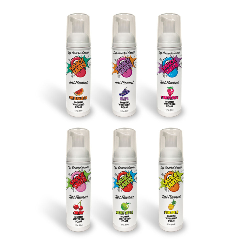 Variety of Smack Tarts mouthwatering foam sprays including sour strawberry mouth spray in 80 ml bottles.