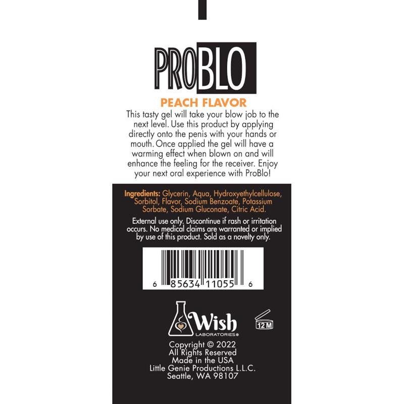 ProBlo Oral Pleasure Gel - Peach Flavoured Blowjob Gel - 29 ml Tube ingredients and usage instructions.