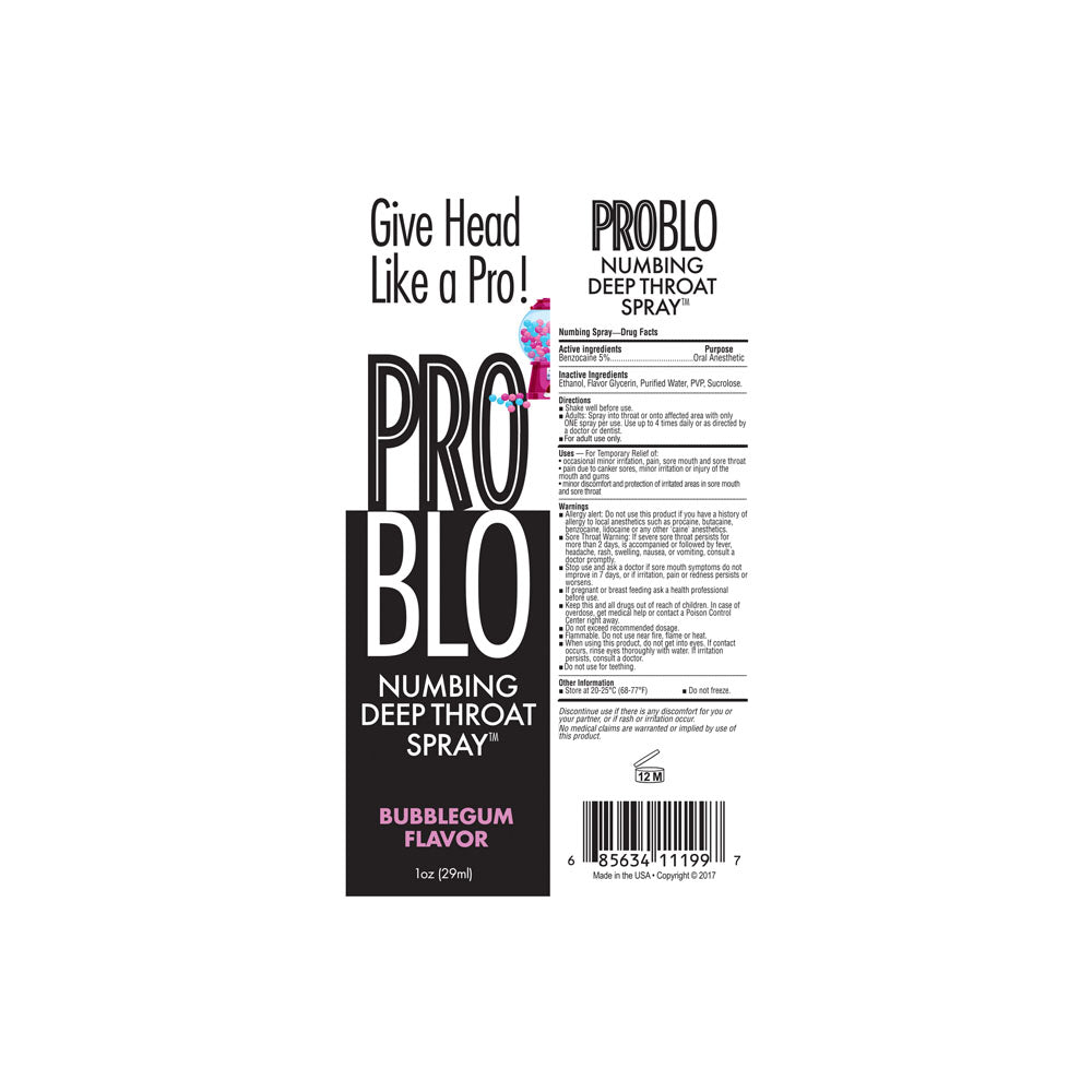 ProBlo Deep Throat Spray featuring bubblegum flavor packaging, designed for oral desensitization, 30 ml.