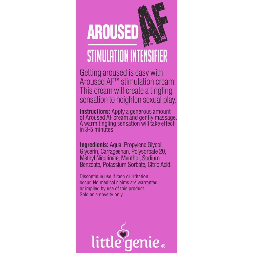 Aroused AF - Couples Stimulation Cream - 44 ml (1.5oz) Tube label with usage instructions and ingredients for sexual enhancement.