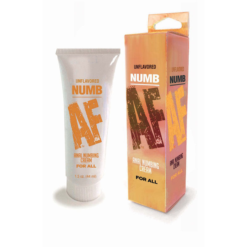 Numb AF unflavoured anal numbing cream - 44 ml tube and box packaging for enhanced anal pleasure.