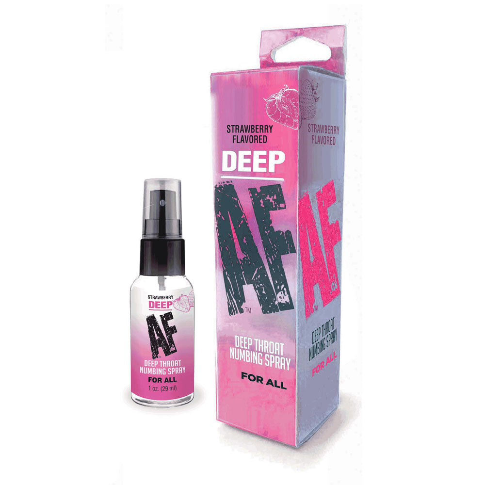 Deep AF - Strawberry Flavored Throat Spray and packaging, perfect for a comfortable experience.