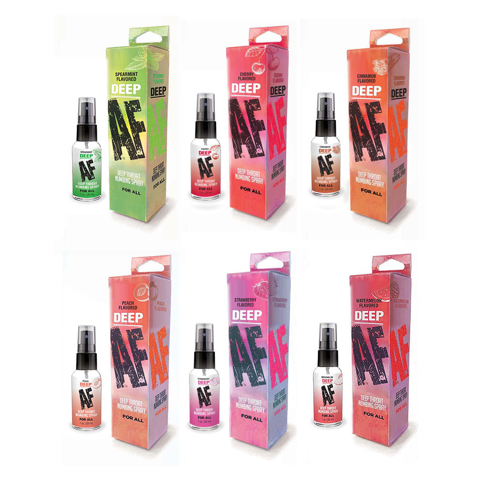 Deep AF Strawberry flavored throat spray collection, showcasing various flavors and packaging styles in a visually appealing layout.