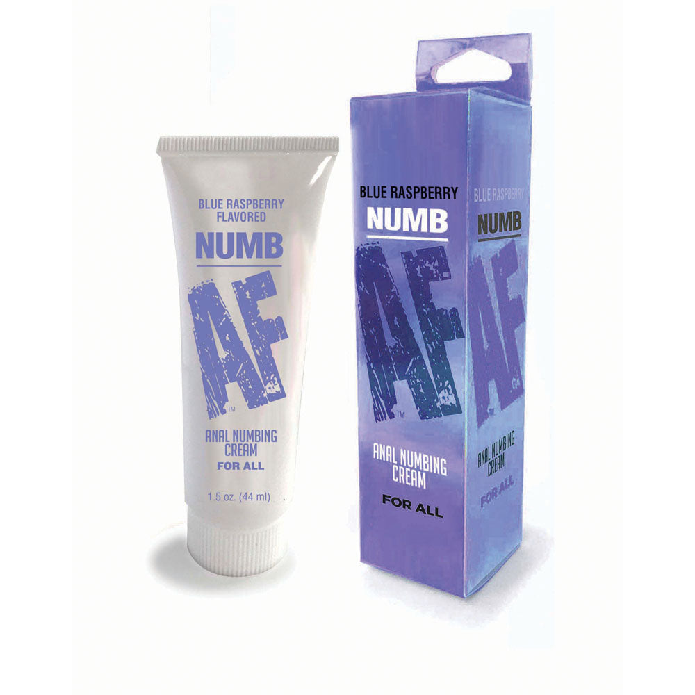 Numb AF - Blue Raspberry - Blue Raspberry Flavoured Anal Numbing Cream - 44 ml Tube packaging and tube image