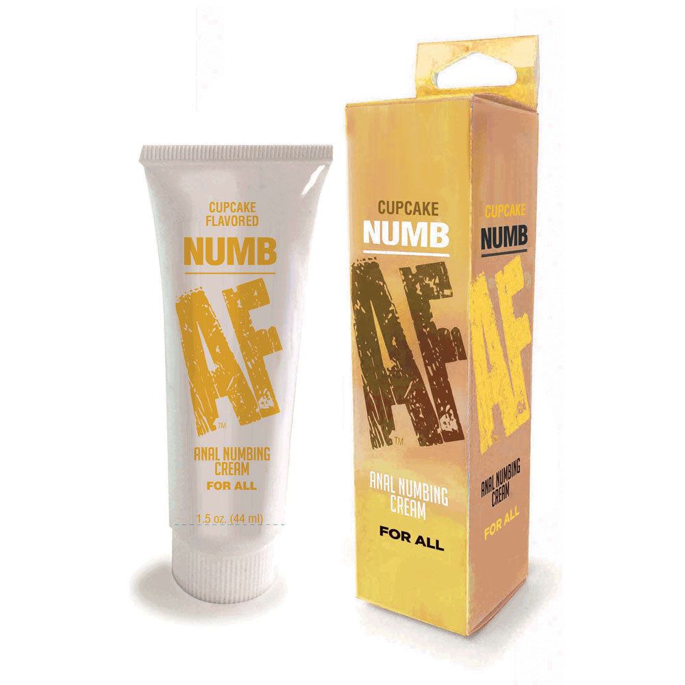 Numb AF cupcake flavored anal numbing cream tube and box packaging, 44 ml.
