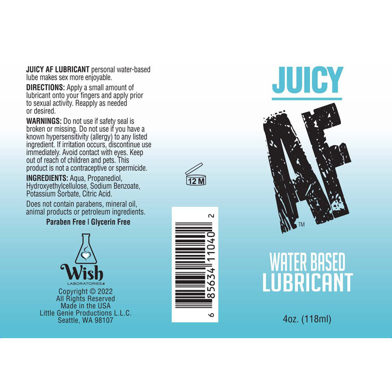 Juicy AF Water Based Lubricant - 118 ml - Water Based Lubricant - 118 ml Bottle packaging with instructions and ingredients.