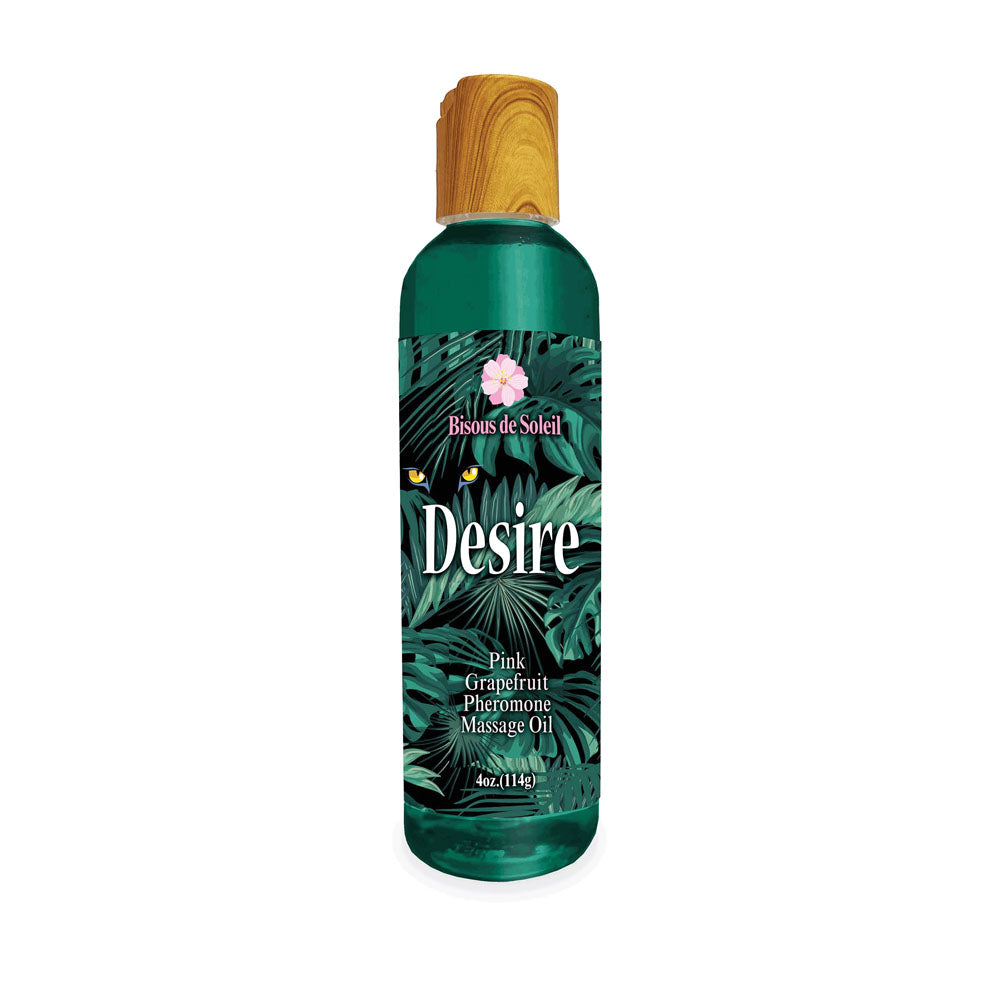 Desire Pheromone Massage Oil - Pink Grapefruit Scented Pheromone Massage Oil - 118 ml bottle with tropical design.