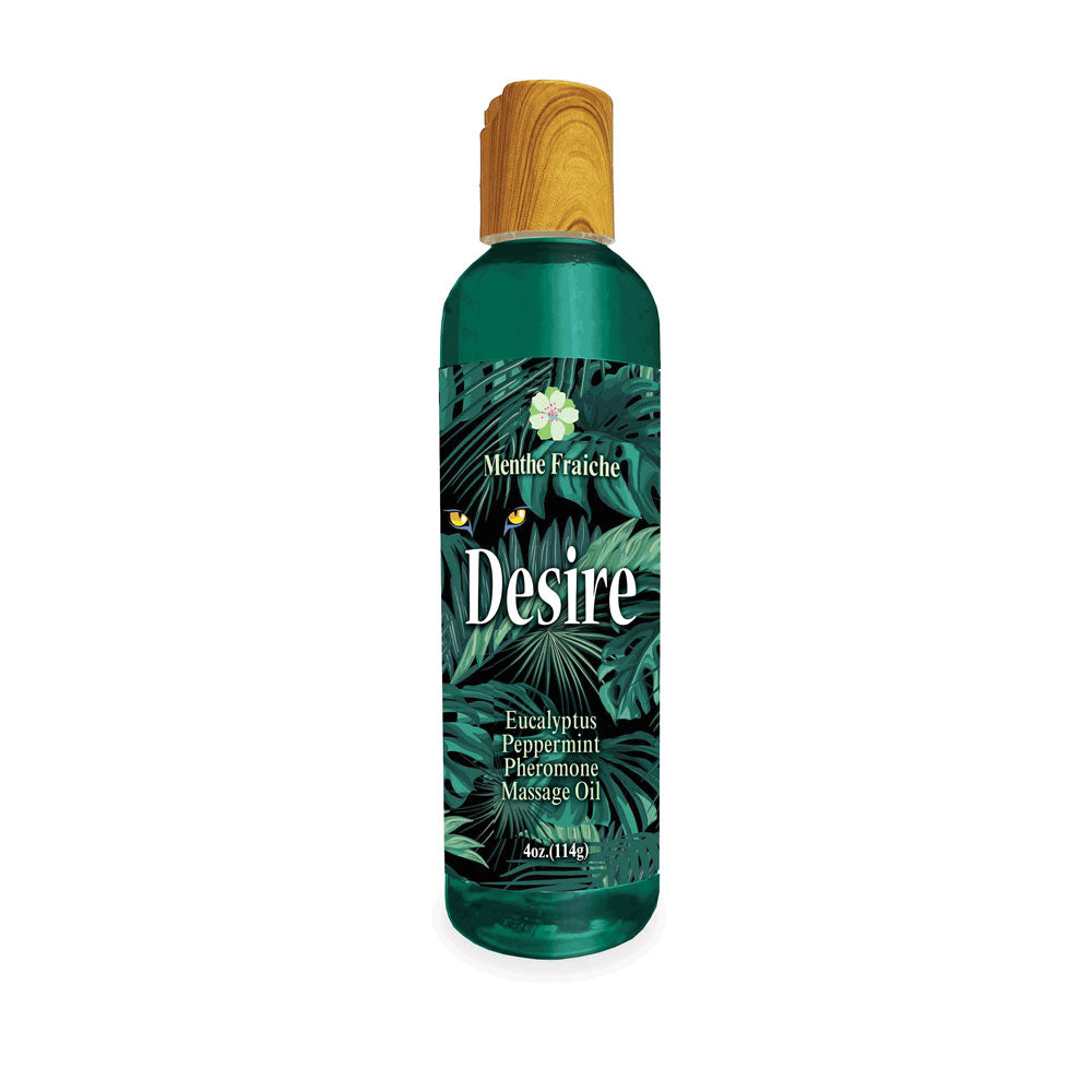 Desire Pheromone Massage Oil - Eucalyptus & Peppermint Scented Pheromone Massage Oil - 118 ml in a green bottle with tropical design.