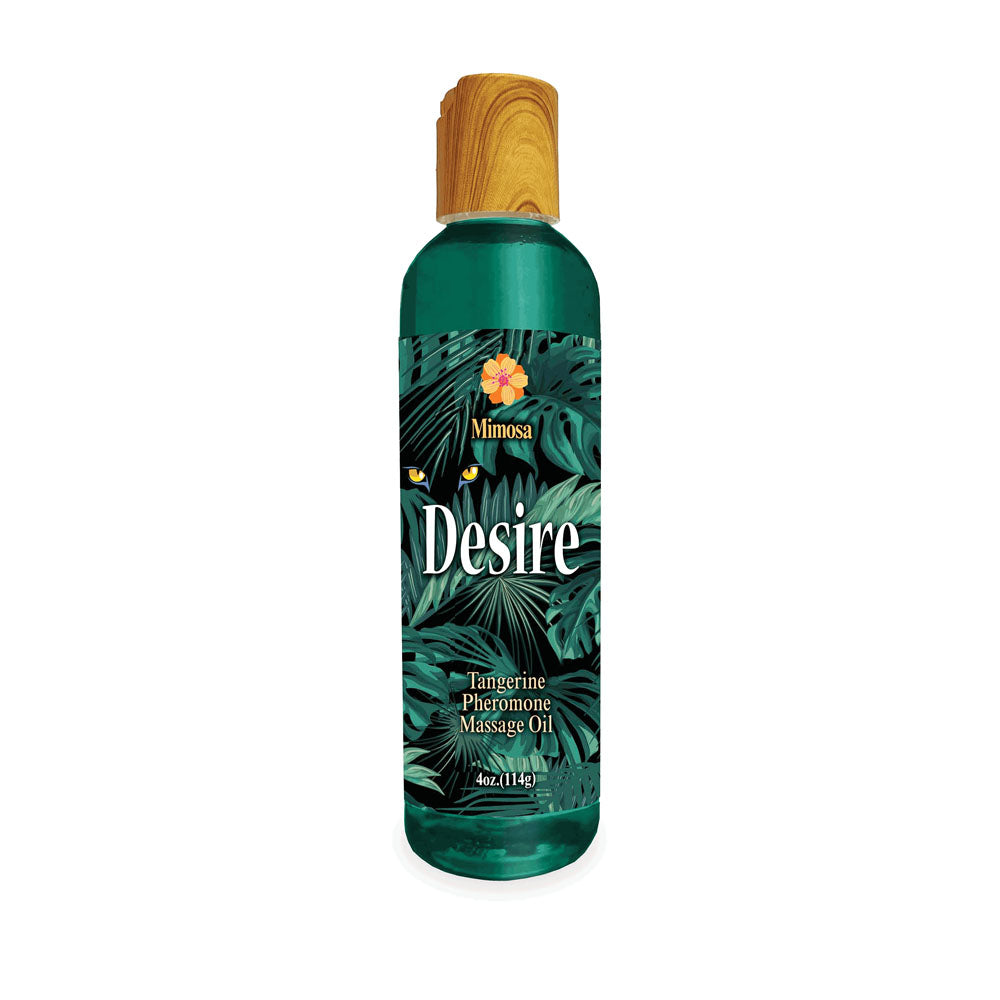 Desire Pheromone Massage Oil - Tangerine Scented Pheromone Massage Oil - 118 ml in a tropical bottle design.