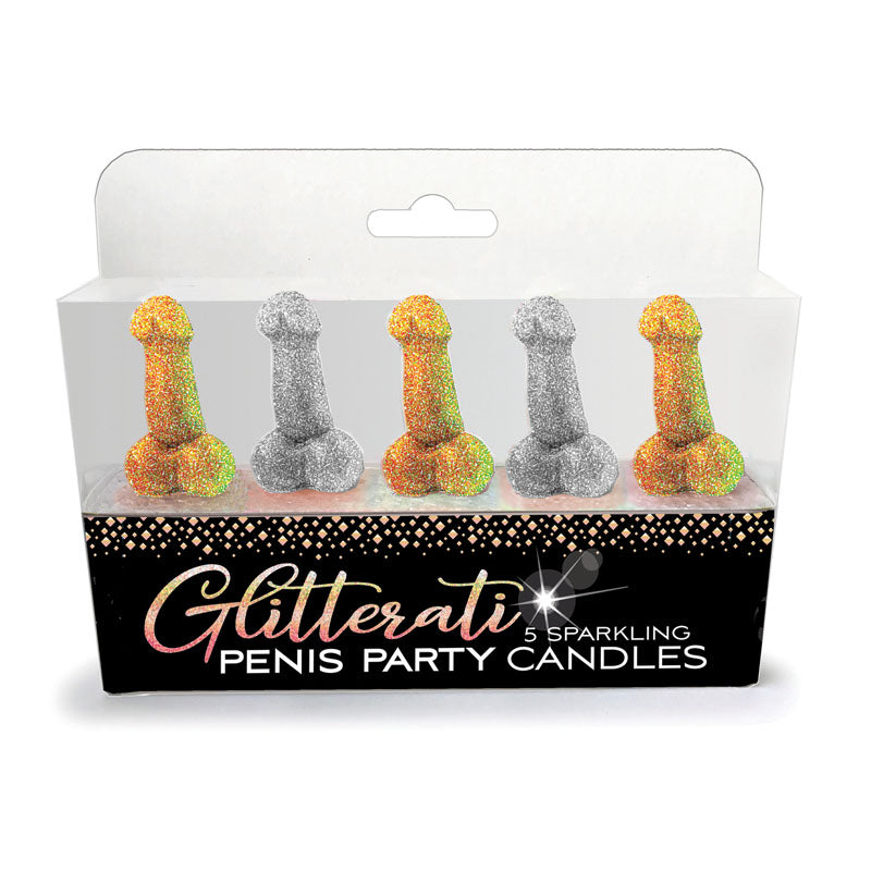 Glitterati - Penis Party Candles - Novelty Candles - 5 Pack featuring colorful glitter candles in a stylish package.