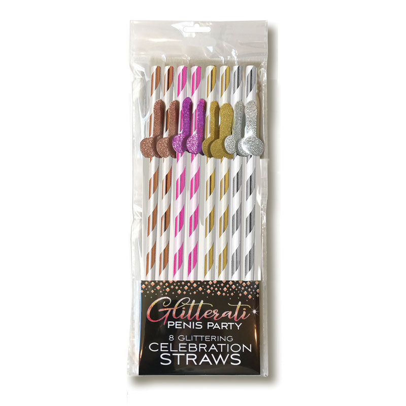 Glitterati - Tall Straws -  Party Straws - 8 Pack featuring glittery penis appliques and metallic stripes.