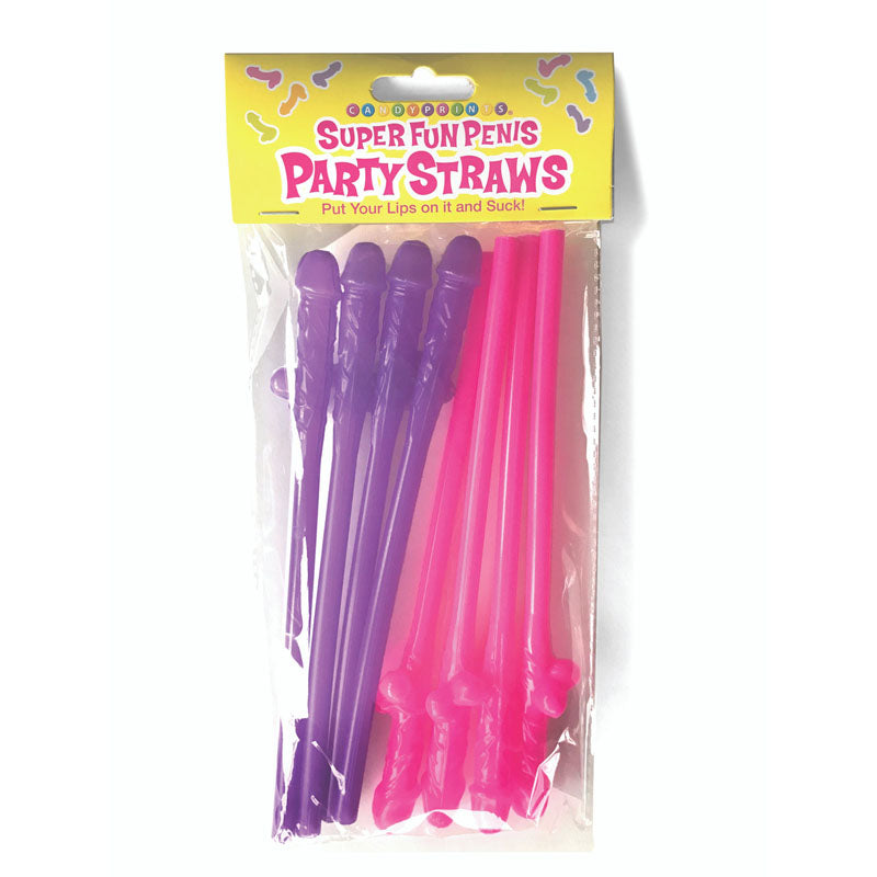 Super Fun Penis Party Straws - Pink/Purple Dicky Straws - Set of 8 package with colorful straws.