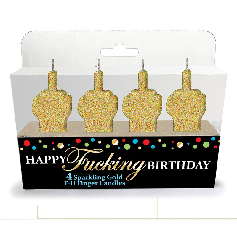 Happy Fucking Birthday FU Candle Set - Novelty Party Candles - Set of 4 featuring four golden glitter candles.
