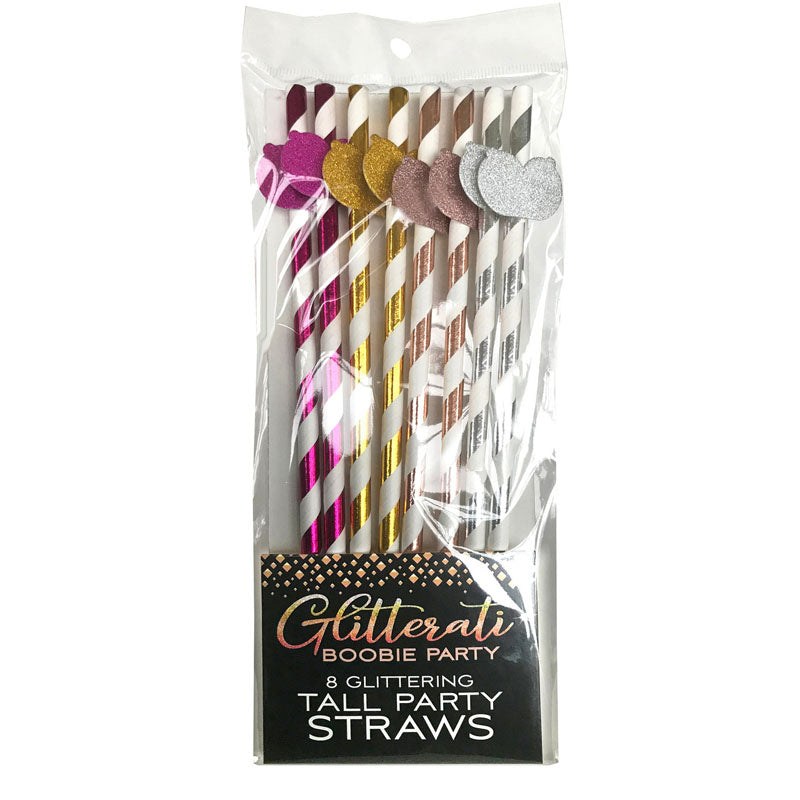 Glitterati - Boobie Tall Party Straws - Set of 8 in a pack, featuring metallic and glitter designs for celebrations.