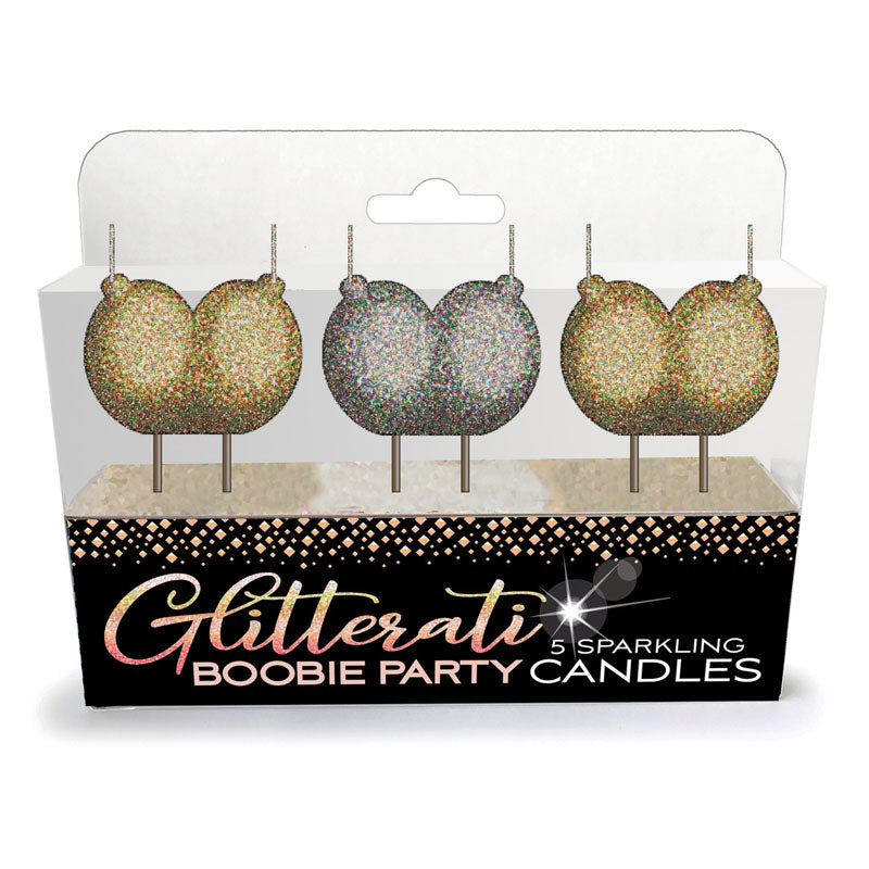 Glitterati - Boobie Candle Set - Novelty Candles - Set of 3 featuring sparkling gold and silver candles for party decor.