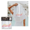 Glitterati - Bride Veil - Hens Party Novelty Veil displayed on a bride, showcasing rose gold stamped 'Bride' design.