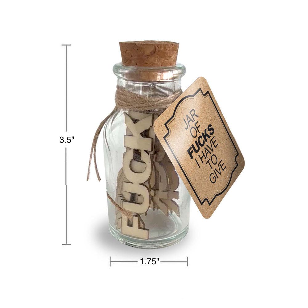 Jar Of Fucks I Have To Give - Novelty Gift - 15 Pack in glass jar with wooden inserts and cork lid.