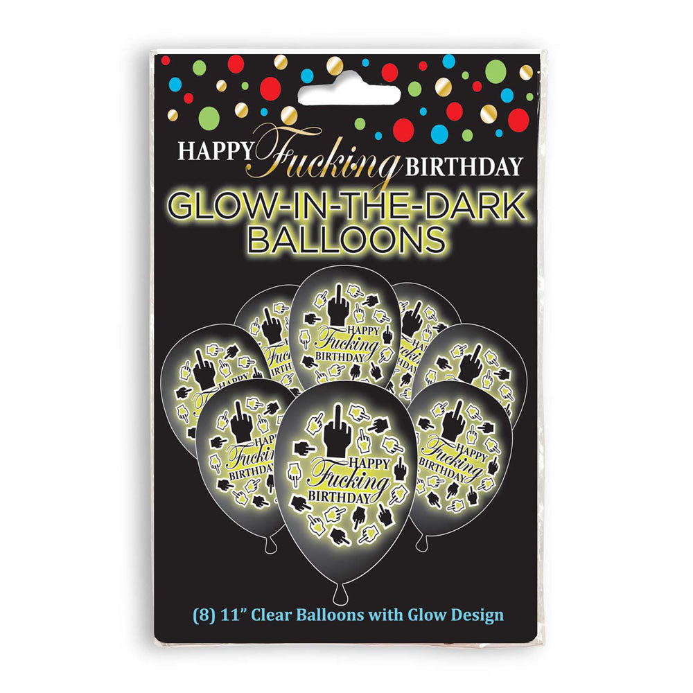 Happy Fucking Birthday Glow In The Dark Balloons - Novelty Birthday Balloons - 8 Pack featuring glow-in-the-dark designs.