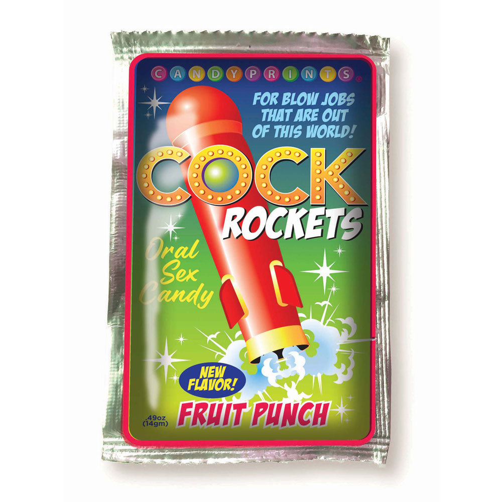 Cock Rockets Fruit Punch Oral Sex Candy packaging featuring vibrant colors and a playful design.