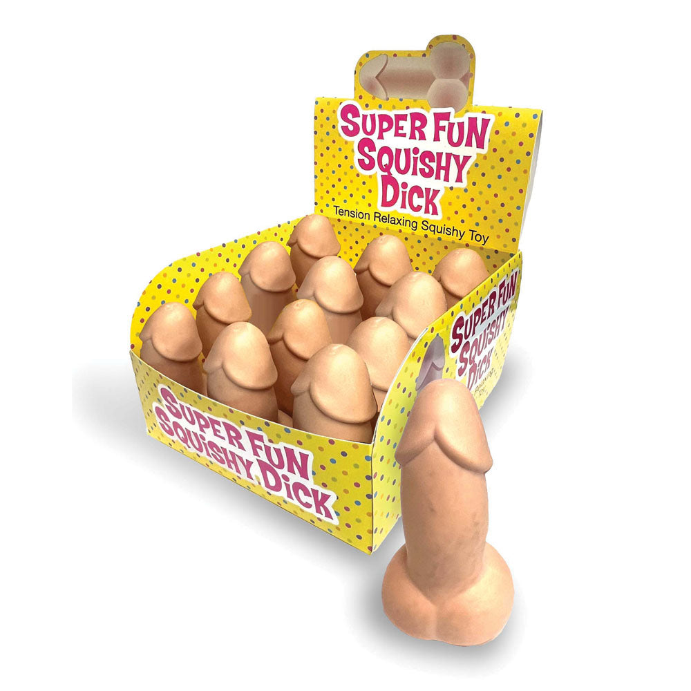 Super Fun Squishy Dick - Counter Display - Novelty Stress Penis - Counter Display of 12 with a colorful display box.