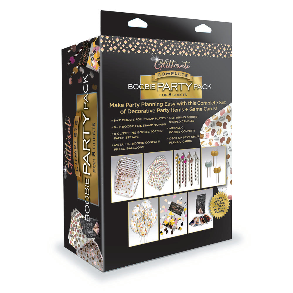 Glitterati Complete Boobie Party Pack - Party Set for 8 People with decorative party items and game cards