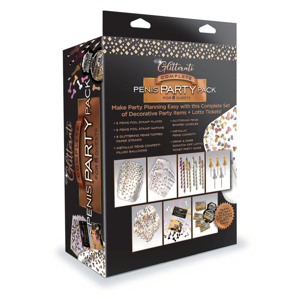 Glitterati Complete Penis Party Pack - Party Set for 8 People packaging with decorative party items.