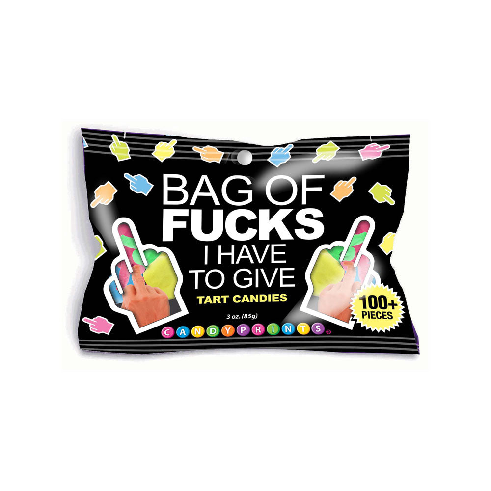 Bag Of Fucks I Have To Give - Fruit Flavoured Lollies - 85 gram Bag with colorful middle finger candies.