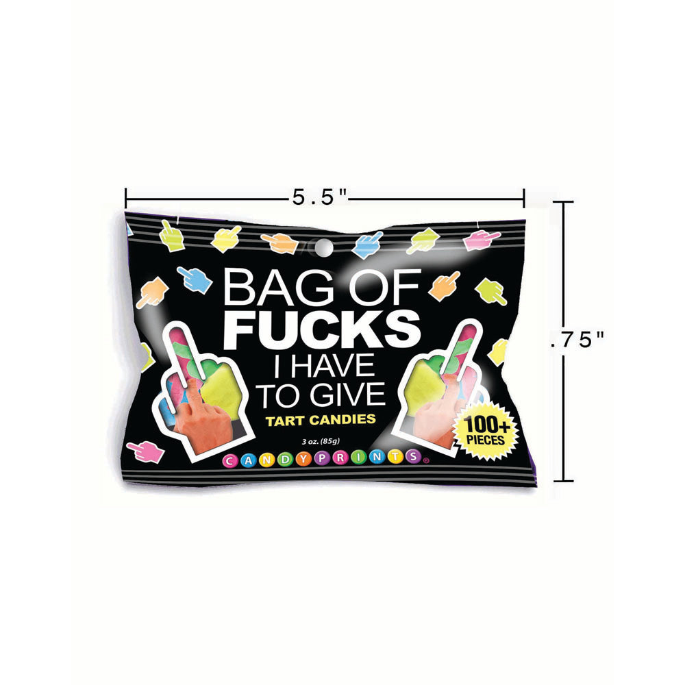 Bag Of Fucks I Have To Give - Fruit Flavoured Lollies - 85 gram Bag candy packaging with colorful middle fingers.