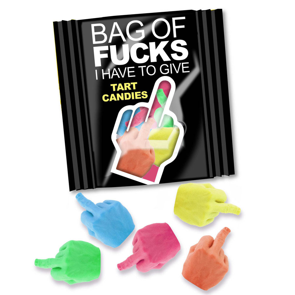 Bag Of Fucks I Have To Give - Display - Fruit Flavoured Lollies - Counter Display of 100 Mini Packs featuring colorful candies.