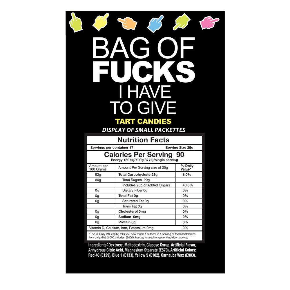 Bag Of Fucks I Have To Give - Display - Fruit Flavoured Lollies - Counter Display of 100 Mini Packs nutrition facts label.