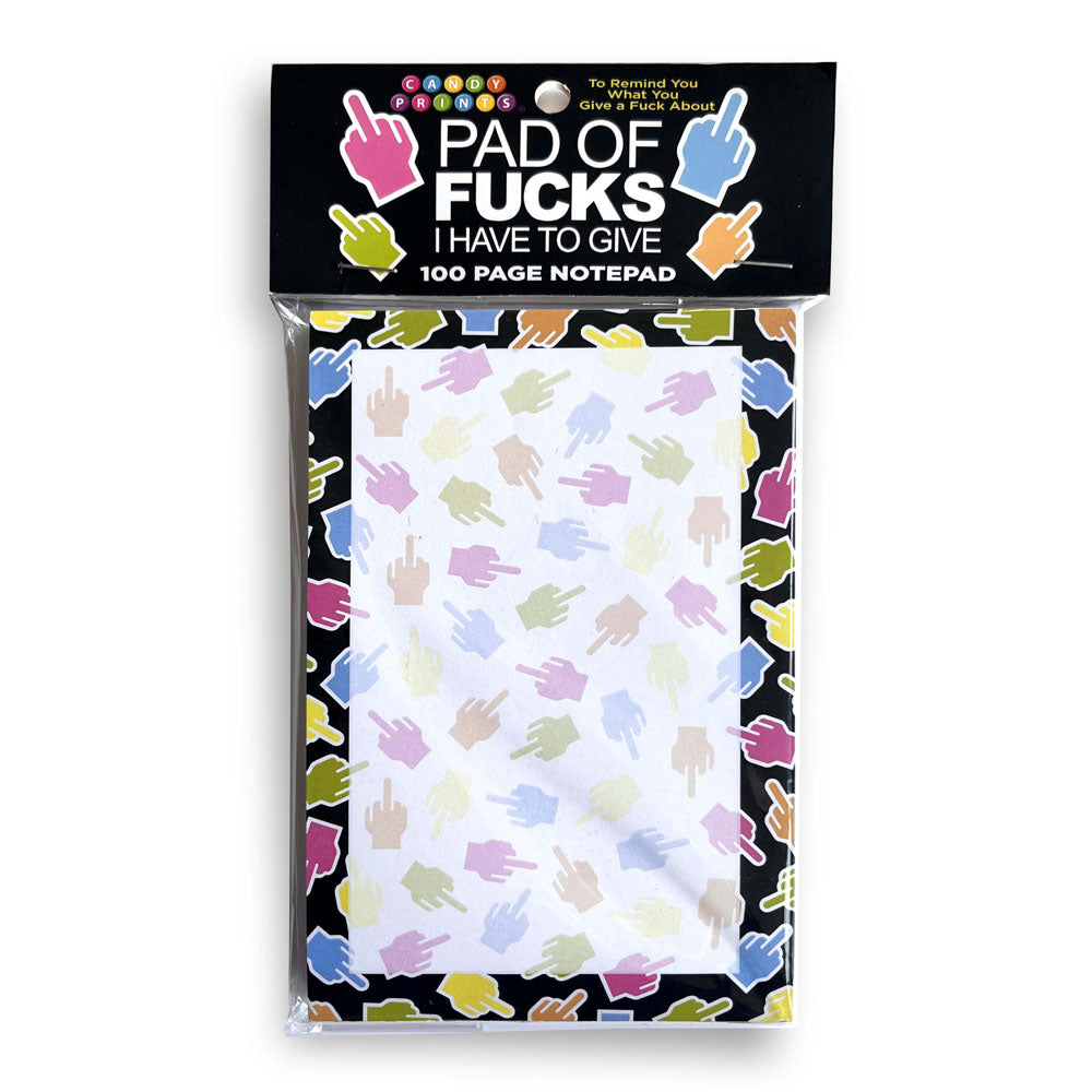 Funny novelty notepad Pad Of Fucks I Have To Give - 100 pages with colorful middle finger design.