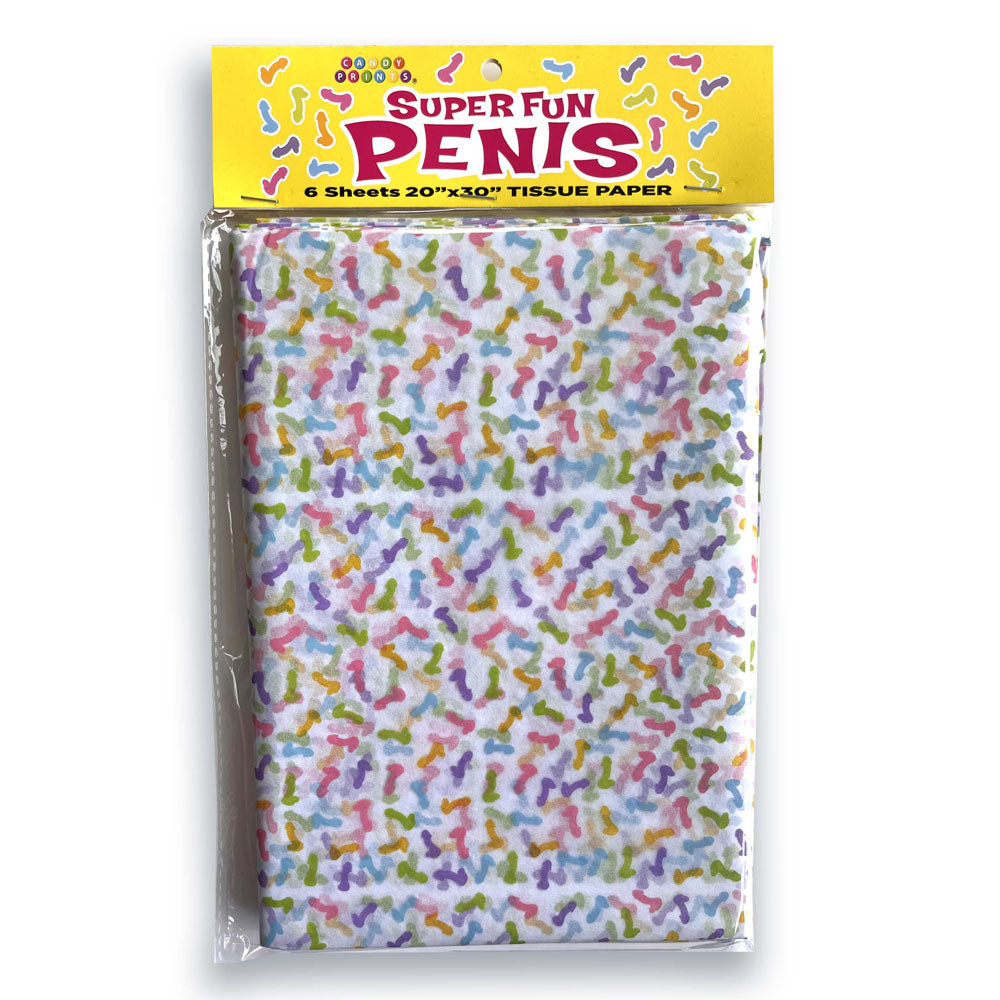 Super Fun Penis Tissue Paper Sheets - Novelty Decoration Sheets - 6 Pack featuring colorful designs on tissue paper.