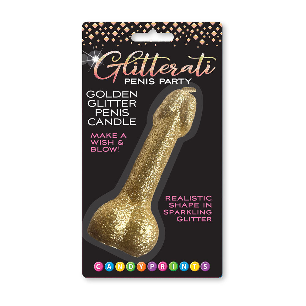 Glitterati Gold Glitter Penis Candle - Gold 10 cm Penis Party Candle packaging with sparkling glitter design.