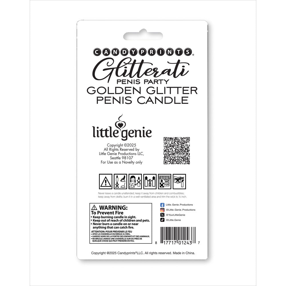 Glitterati Gold Glitter Penis Candle - Gold 10 cm Penis Party Candle packaging back with safety warnings and brand info.