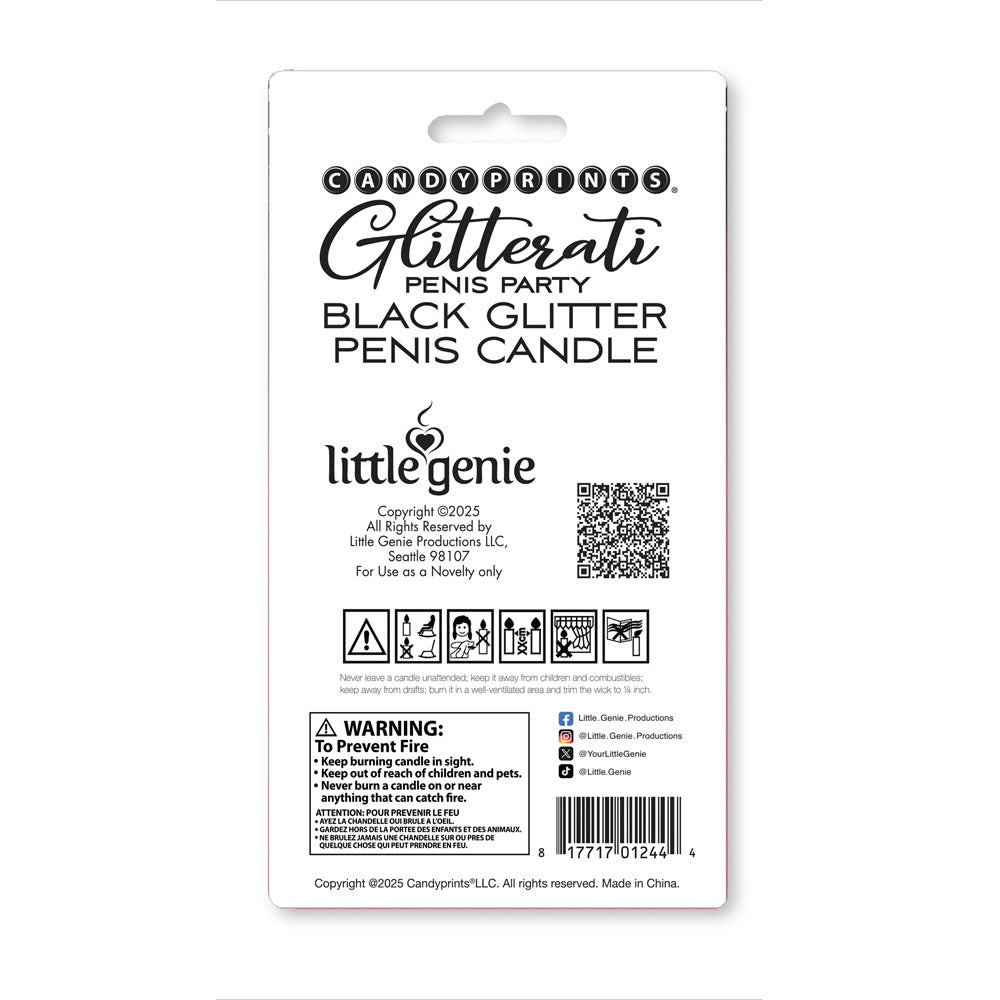 Glitterati Glitter Penis Candle - 10 cm Penis Party Candle packaging featuring black glitter design and product details.