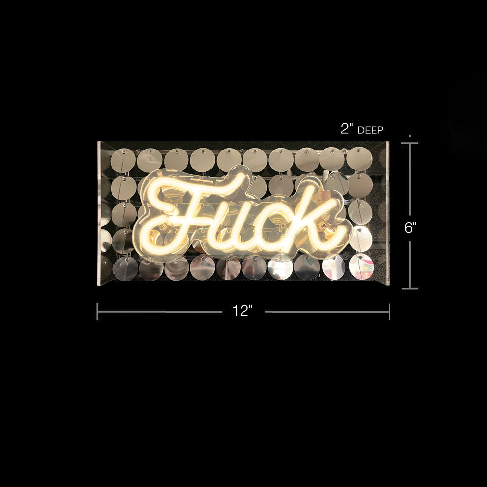 Fuck Neon Light Sign - Novelty Neon Light on a sparkling sequin background, measuring 12" x 6" x 2".