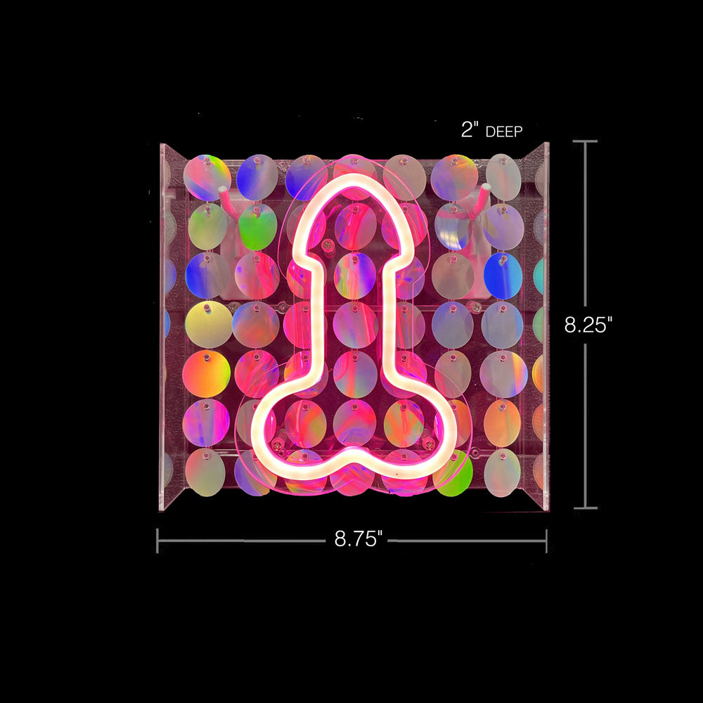 Glitterati Neon  Penis Sign - Novelty Neon Light displayed with colorful sequins and dimensions shown.